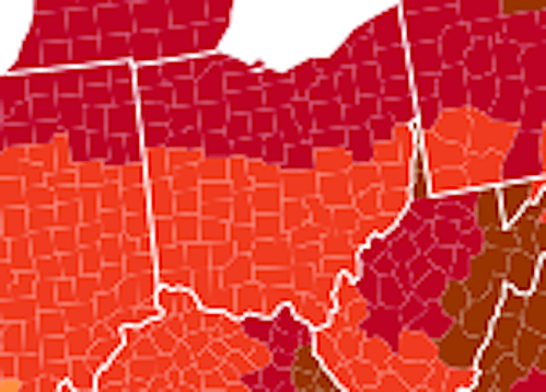 Map showing various regions in shades of red and orange, indicating different data or statistics across states.