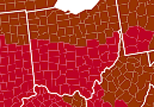 Map highlighting counties in shades of red and brown, primarily in the Midwest region of the United States.