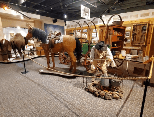 A historical exhibit featuring a horse, a cowboy cooking over a fire, and various pioneer artifacts in a museum setting.