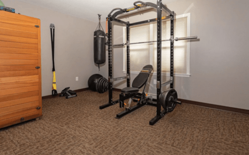 Home gym setup featuring a squat rack, weights, a bench, and a punching bag in a carpeted room.