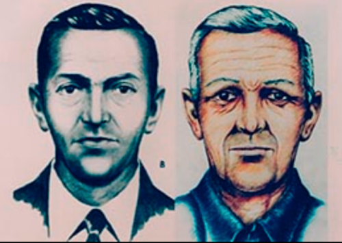 Two illustrated portraits side by side: one of a young man in a suit, the other of an older man with a stern expression.