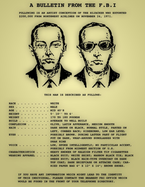 FBI bulletin featuring an artist's sketch of a hijacker from 1971, with physical description and contact information.