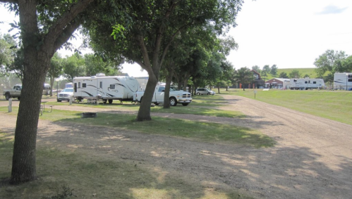 A grassy campsite with RVs parked under trees, a dirt road, and a few buildings in the background.