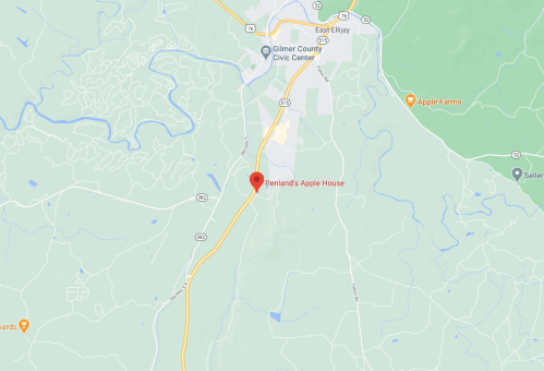 Map showing the location of Penland's Apple House near East Ellijay, Georgia, with surrounding roads and landmarks.