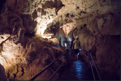 A dimly lit cave with rocky walls and a wooden walkway, as two people walk deeper into the cavern.