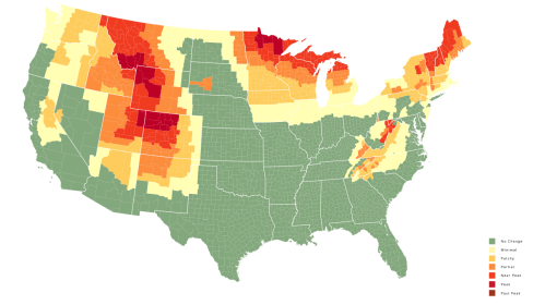 Map of the U.S. showing seasonal color change in foliage, with regions categorized from no change to peak color.