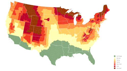 Map of the U.S. showing foliage color change stages, from no change to peak, with varying shades of green, yellow, and red.