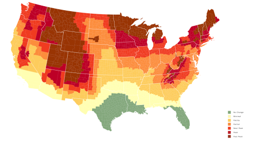 U.S. map showing varying levels of plant hardiness zones, with colors indicating no charge to past peak.