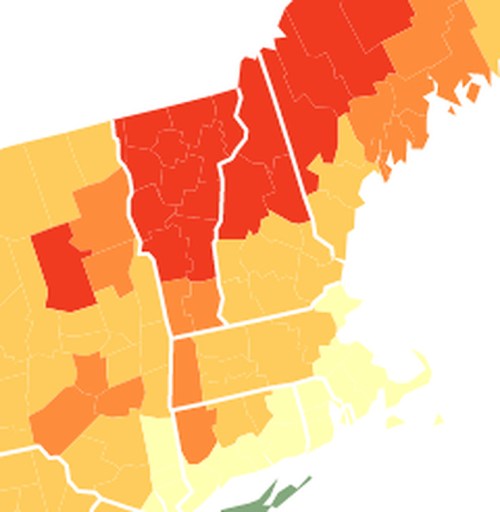 Map of the northeastern U.S. showing varying shades of color, indicating different data or statistics across regions.