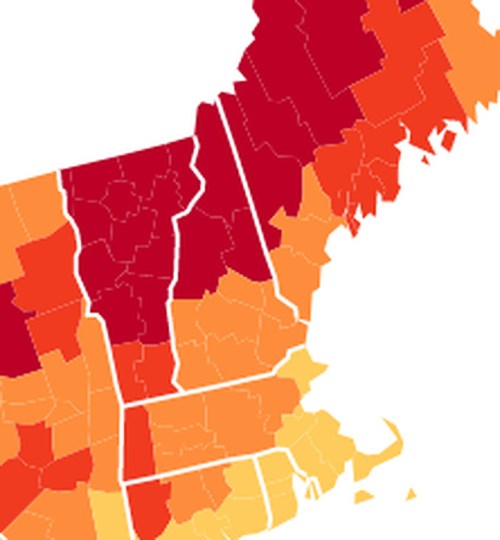 A color-coded map of the Northeastern U.S., showing varying shades of red, orange, and yellow across different regions.