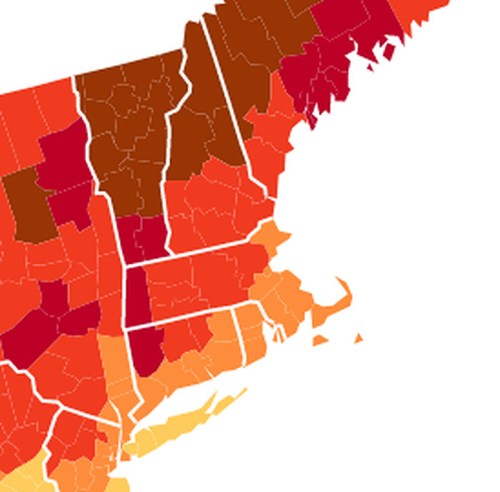 A colorful map of the northeastern United States, showing varying shades of red and orange across different regions.
