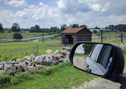 A rural scene with a barn, green fields, and a stone wall, viewed from a car's side mirror.