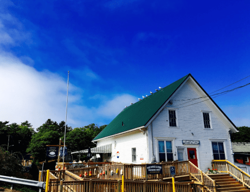 A white building with a green roof, surrounded by a wooden deck and blue sky, with seagulls perched on top.