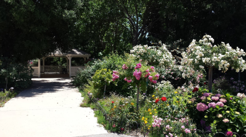 A scenic garden path lined with colorful flowers, leading to a gazebo surrounded by lush greenery.