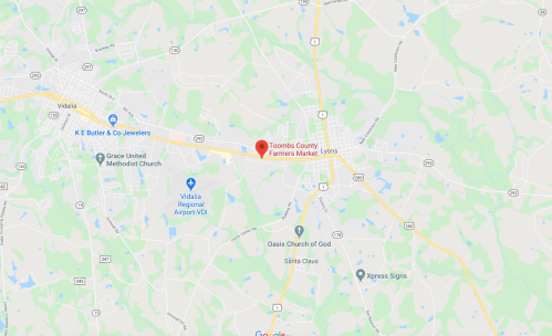 Map showing the location of Toombs County Farmers Market in Lyons, Georgia, near Vidalia Regional Airport.