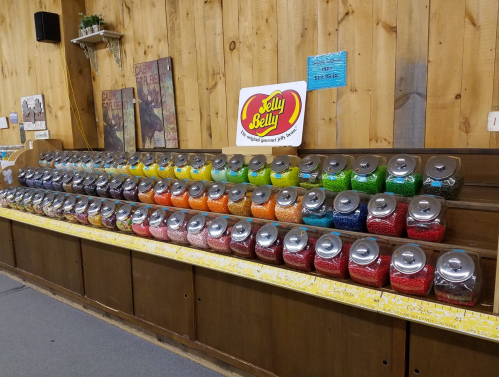A colorful display of Jelly Belly jelly beans in clear jars on a wooden shelf.