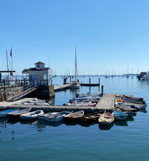 A serene harbor scene with boats docked, a wooden pier, and sailboats in the distance under a clear blue sky.