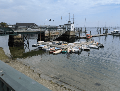 A dock with various small boats moored, surrounded by calm water and a cloudy sky.