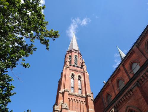 A tall red brick church tower reaches towards a clear blue sky, framed by green leaves on the left.