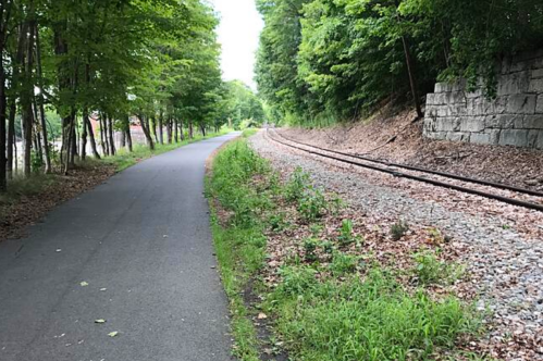 A paved path alongside a grassy area and a set of railway tracks, surrounded by trees and greenery.