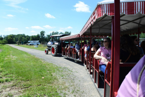 A tractor pulls a red and white covered wagon filled with passengers along a dirt path on a sunny day.