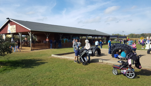 A busy outdoor area with families, a barn-like building, and children playing near large tires on a sunny day.