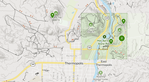 Map of Thermopolis, Wyoming, highlighting Hot Spring State Park and nearby landmarks with elevation details.