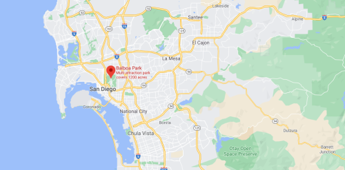 Map of San Diego, highlighting Balboa Park and surrounding areas, with major roads and landmarks visible.