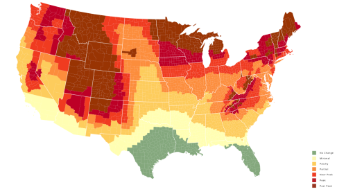 Map of the U.S. showing temperature change zones, with colors indicating no change, national, and peak temperature levels.