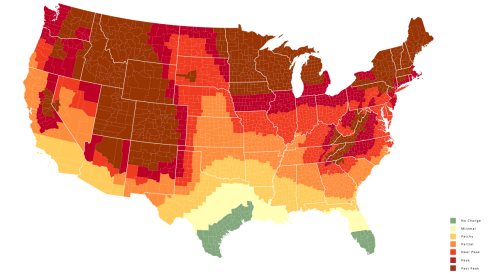 Map of the U.S. showing seasonal color change, with regions categorized by timing of peak foliage.