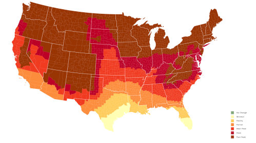 U.S. map showing temperature change zones with color gradients indicating no change, national, and peak temperatures.