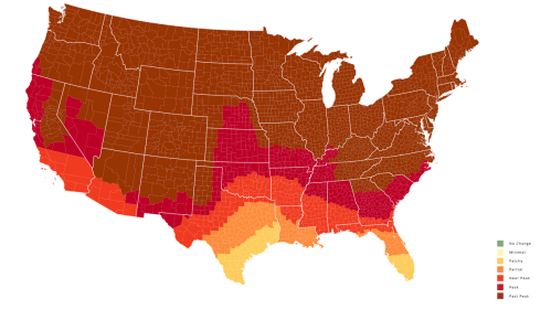 U.S. map showing temperature changes with color gradients indicating no change, national, parity, partial, new peak, and past peak.