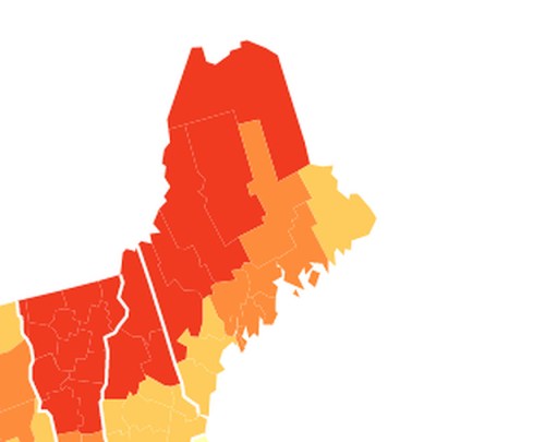 Map of the northeastern U.S. showing regions in varying shades of red and orange, indicating different data levels.