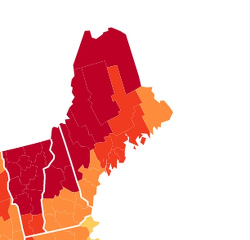 Map of the northeastern U.S. showing varying shades of red and orange, indicating different regions or data points.