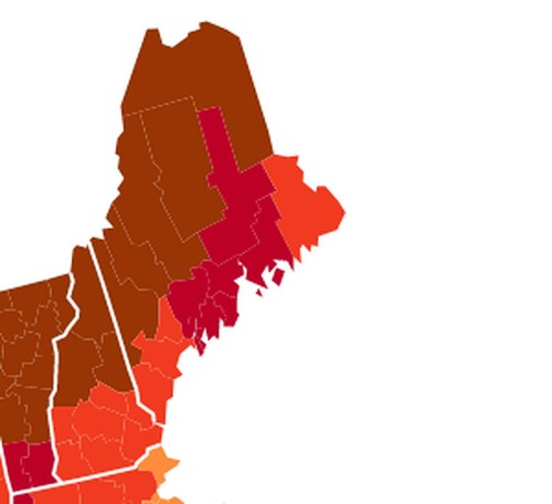 Map of the northeastern United States, highlighting various regions in shades of red and orange.