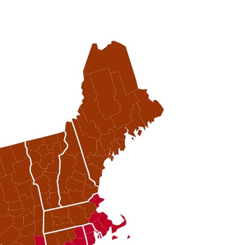 Map of the northeastern United States, highlighting various regions in different shades of red and brown.