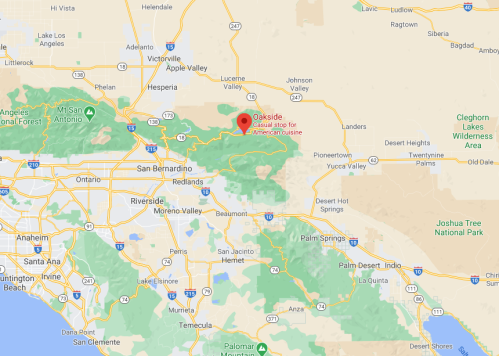 Map showing Oakside, a restaurant stop for American cuisine, located in the San Bernardino Mountains, California.
