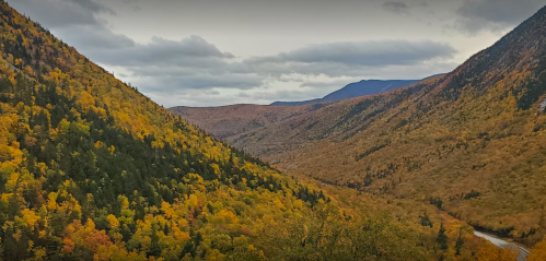 A scenic view of a valley surrounded by mountains, featuring vibrant autumn foliage in shades of orange and yellow.