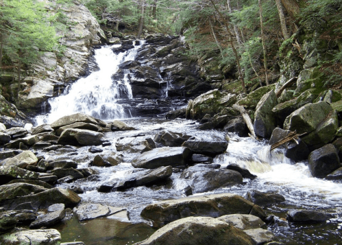 A serene waterfall cascading over rocks, surrounded by lush green trees and a tranquil stream below.