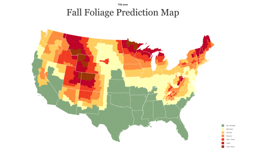 Map of the U.S. showing fall foliage predictions, with color-coded regions indicating peak and near-peak times.