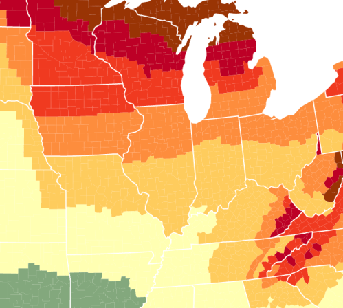 Map showing temperature zones across the Midwest and Eastern U.S., with varying colors indicating different climate regions.