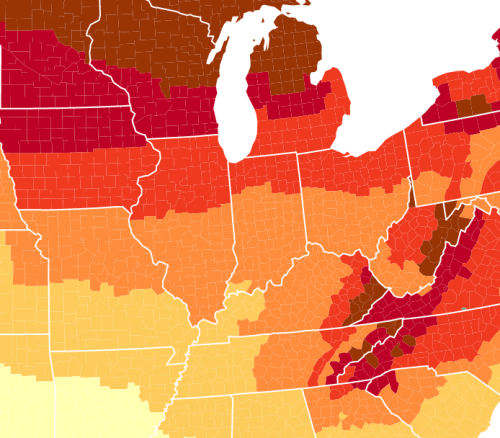 A color-coded map of the Midwest and Eastern U.S., showing varying shades of red and orange, indicating temperature zones.