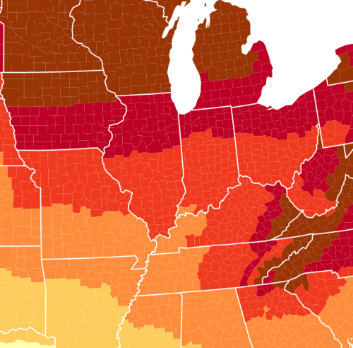 A color-coded map showing temperature zones across the Midwest and Eastern United States, ranging from warm to hot.