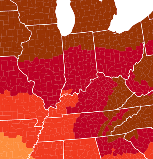 A color-coded map of the Midwest and Southern U.S., showing varying shades representing different data values.