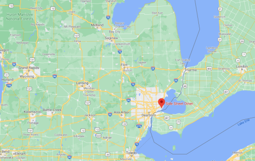 Map showing the location of Side Street Diner in Dearborn, Michigan, near Detroit and surrounding areas.