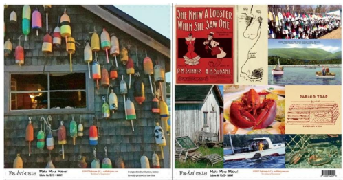 A collage featuring colorful lobster traps and vintage postcards related to lobstering and coastal life.
