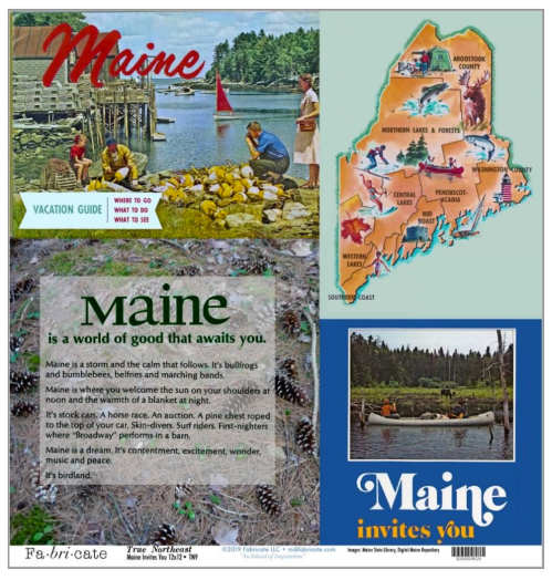 Collage featuring Maine vacation guide, scenic illustrations, and text inviting visitors to explore the state's beauty.