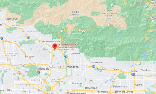 Map showing Descanso Gardens, a botanical garden with forests and a café, located near Pasadena, California.