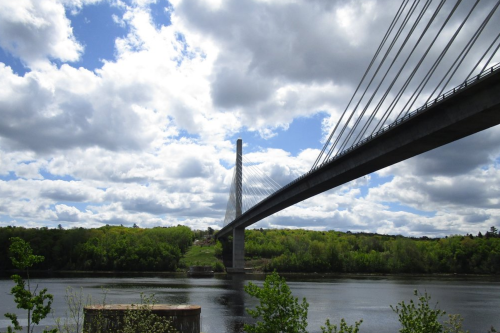 A cable-stayed bridge spans a river, surrounded by lush greenery and a cloudy blue sky.
