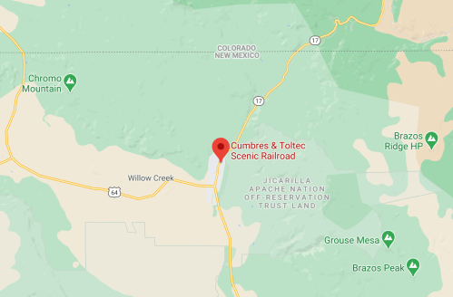 Map showing the location of Cumbres & Toltec Scenic Railroad in Colorado and New Mexico, near Willow Creek.